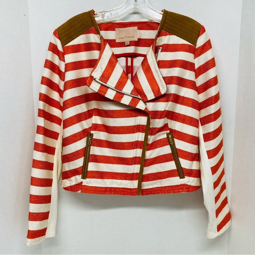 Gibson Latimer Striped Jacket Moto Jacket Orange/Coral Beige Medium Zip Front - Picture 1 of 16